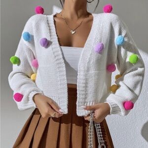Colorful Pom-Pom Women Sweater L New Spring White Cardigan Cozy Multicolor Crop